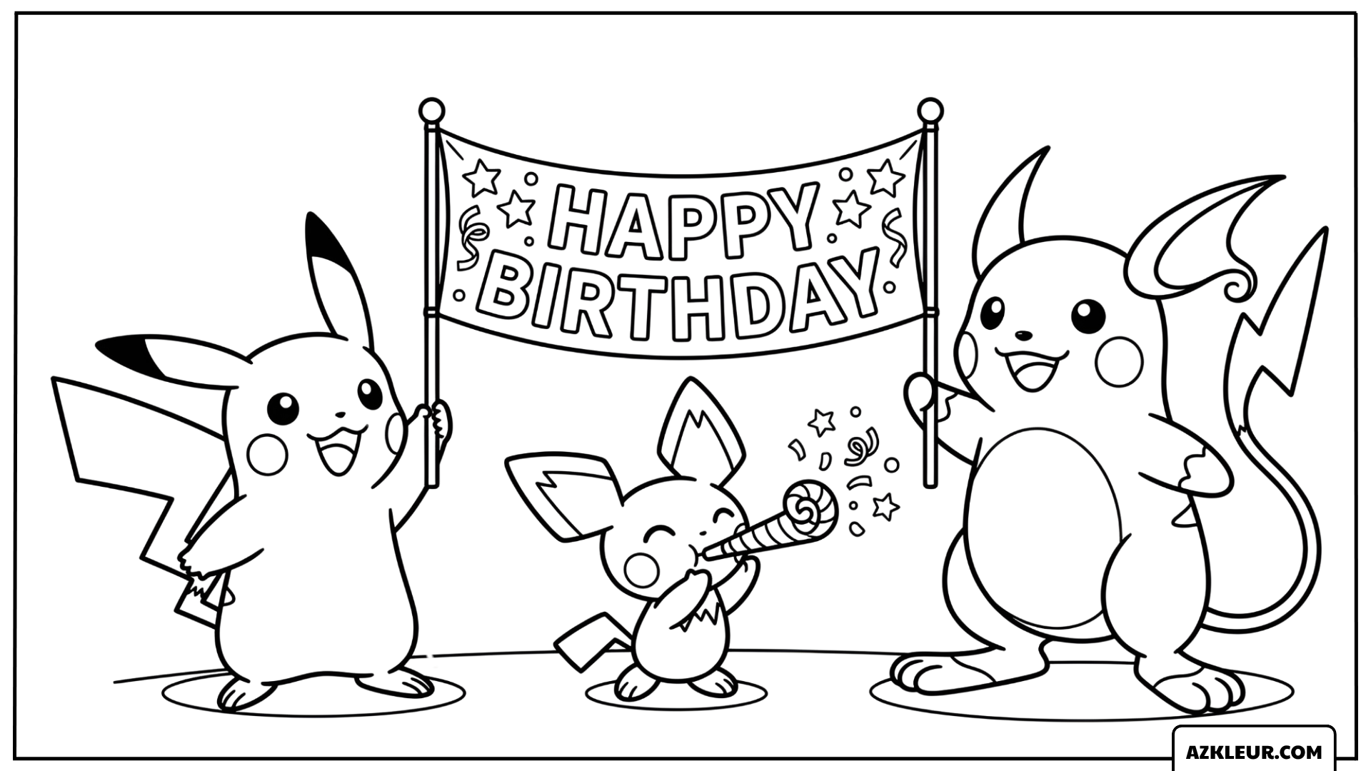 Pikachu Kleurplaat met verjaardag banner en vrienden