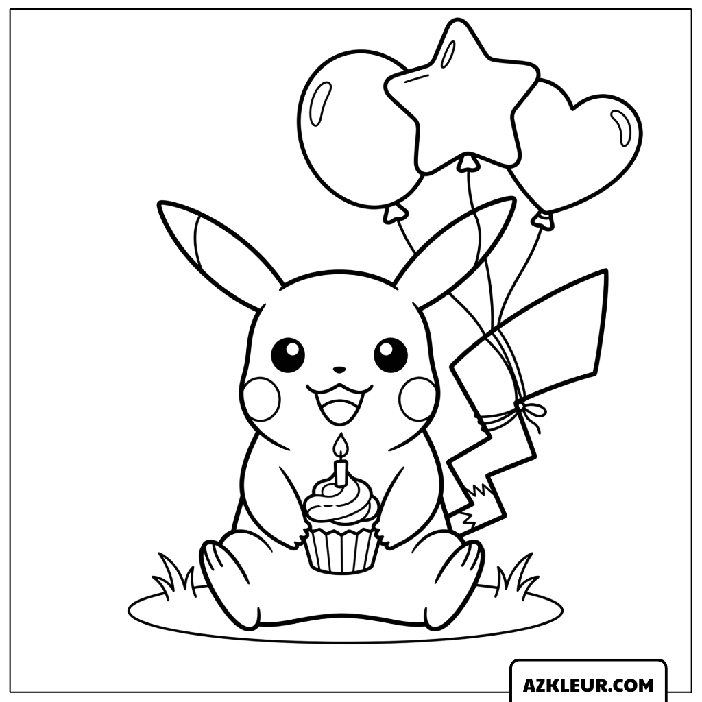 Pikachu Kleurplaat met verjaardag cupcake en ballonnen