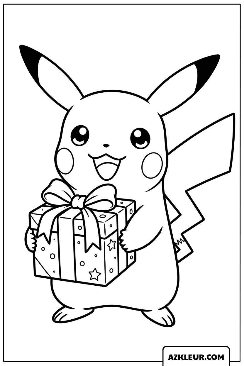 Pikachu Kleurplaat met verjaardagscadeau in handen