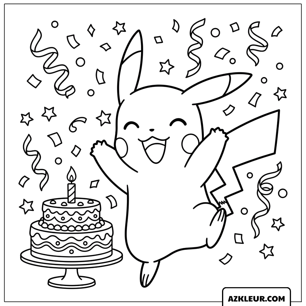Pikachu Kleurplaat met verjaardagstaart en confetti
