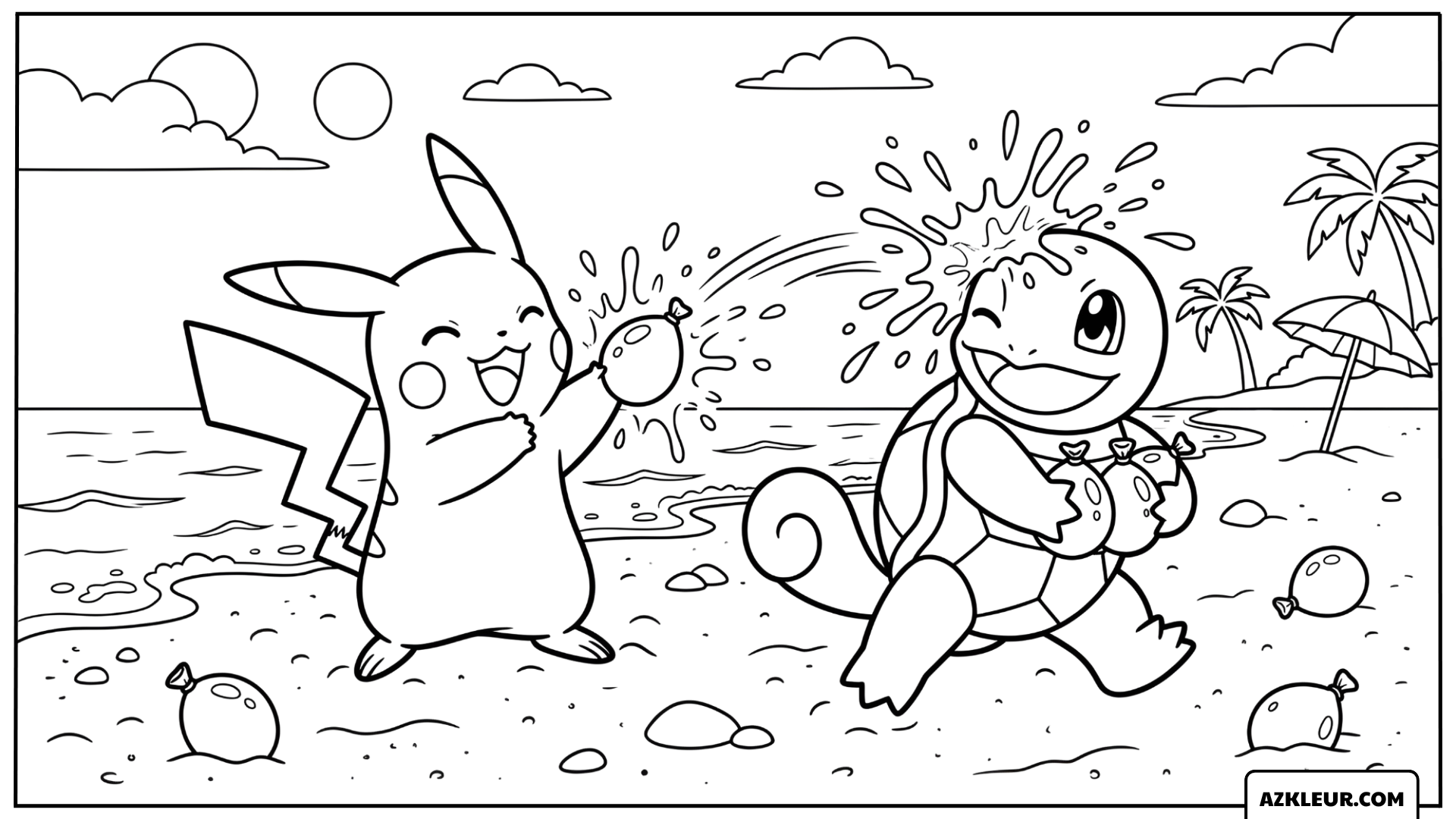 Pikachu Kleurplaat met waterballonnen op het strand