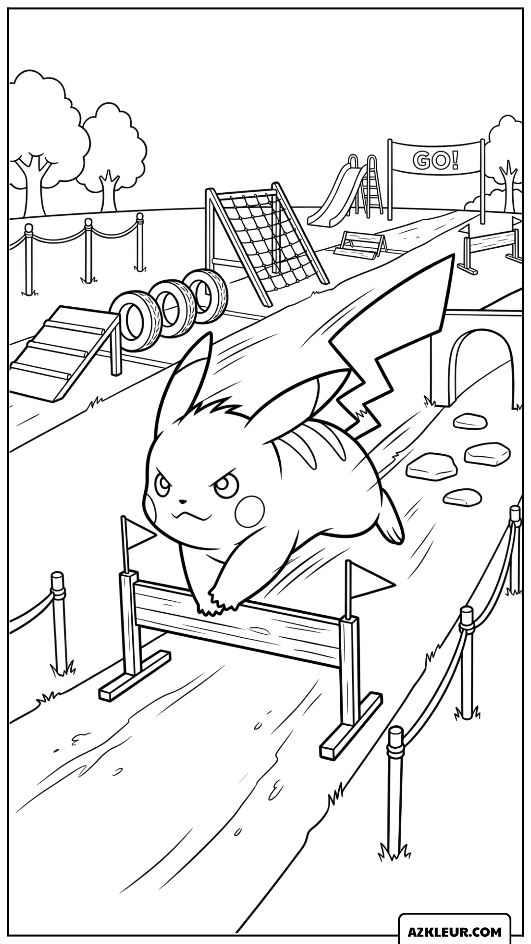 Pikachu Kleurplaat op een avontuurlijk hindernisparcours