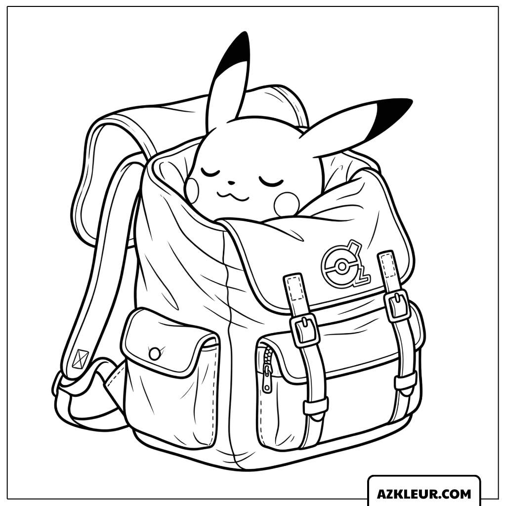 Pikachu Kleurplaat slapend in Ash zijn rugzak