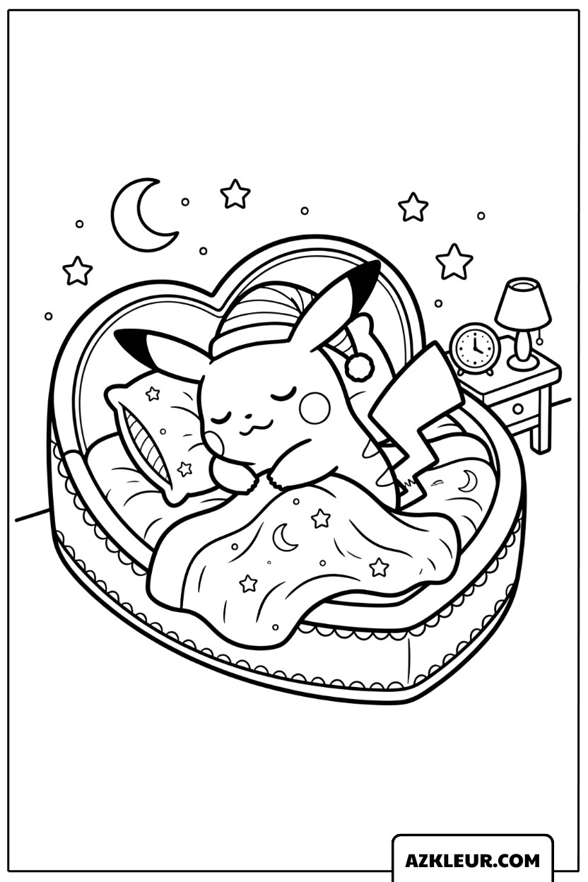 Pikachu Kleurplaat slapend in een hartvormig bed