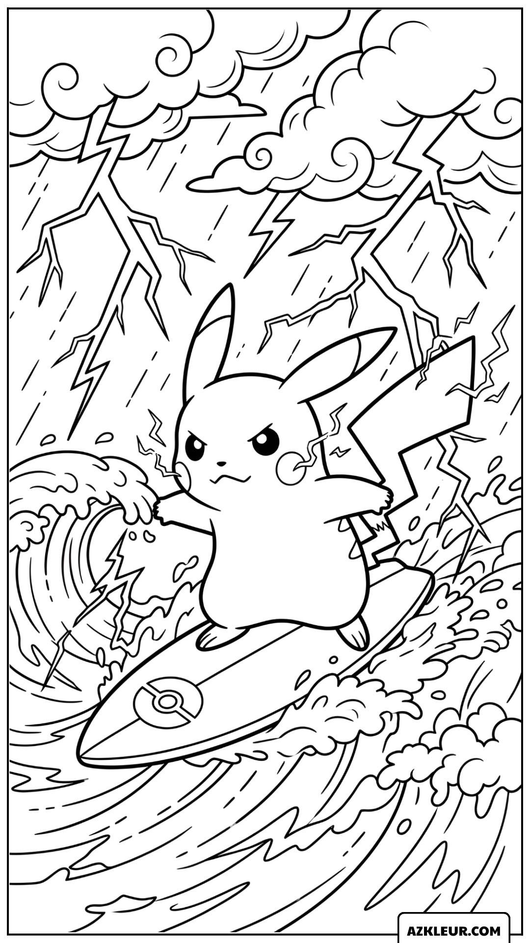 Pikachu Kleurplaat surfend op bliksemgolven