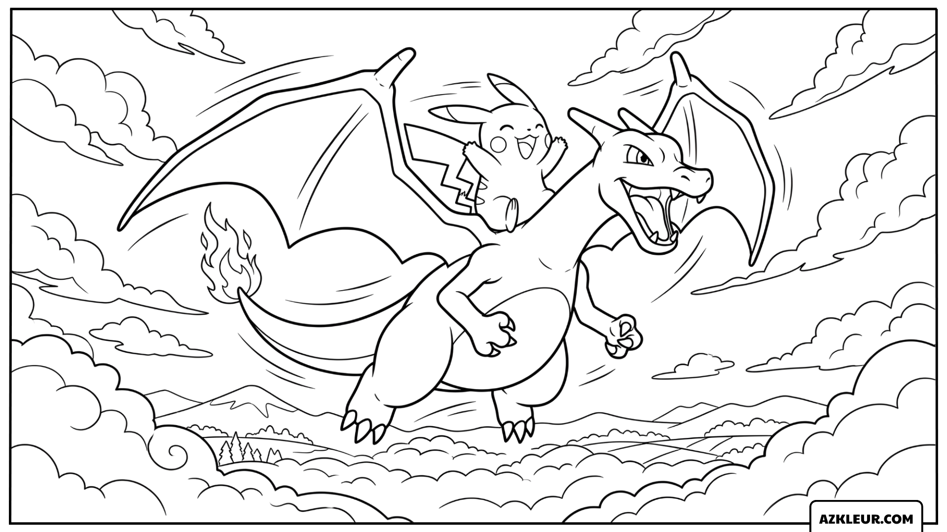 Pikachu Kleurplaat vliegend met Charizard