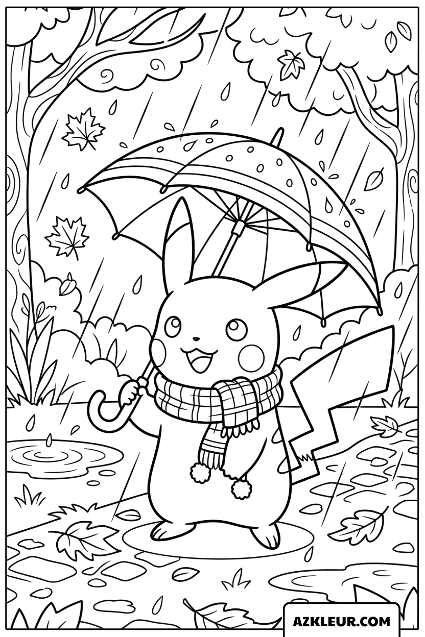 Pikachu Regenachtige Herfst Kleurplaat