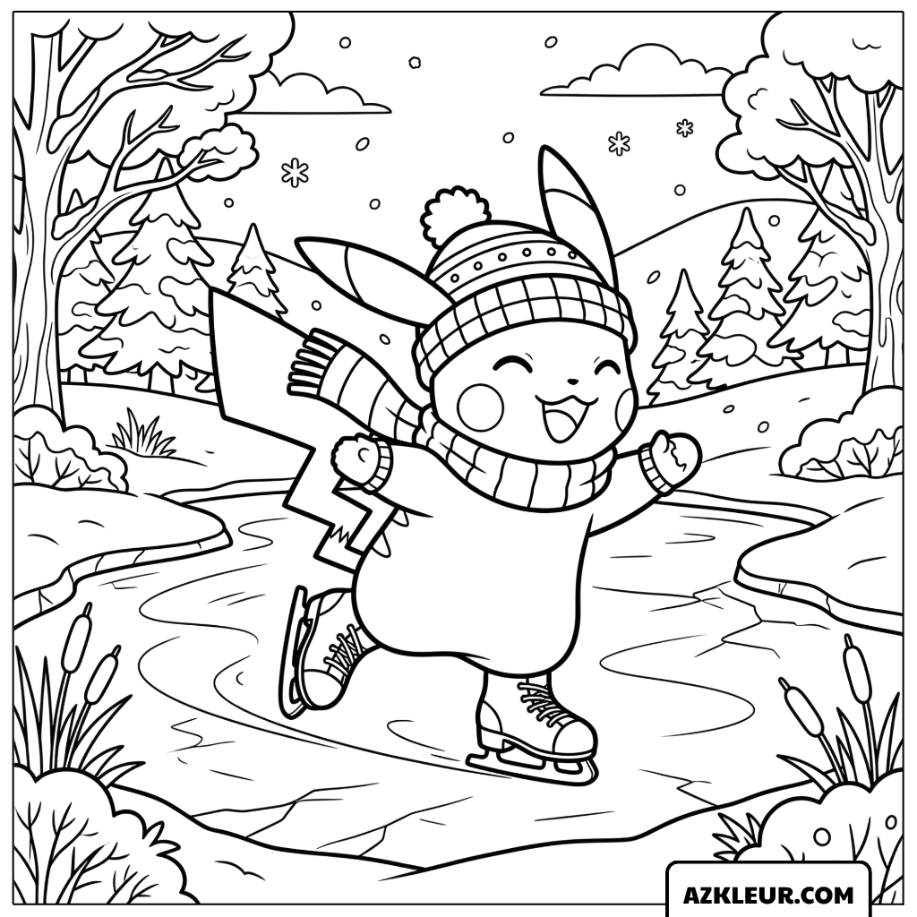 Pikachu Schaatsen op IJs Kleurplaat
