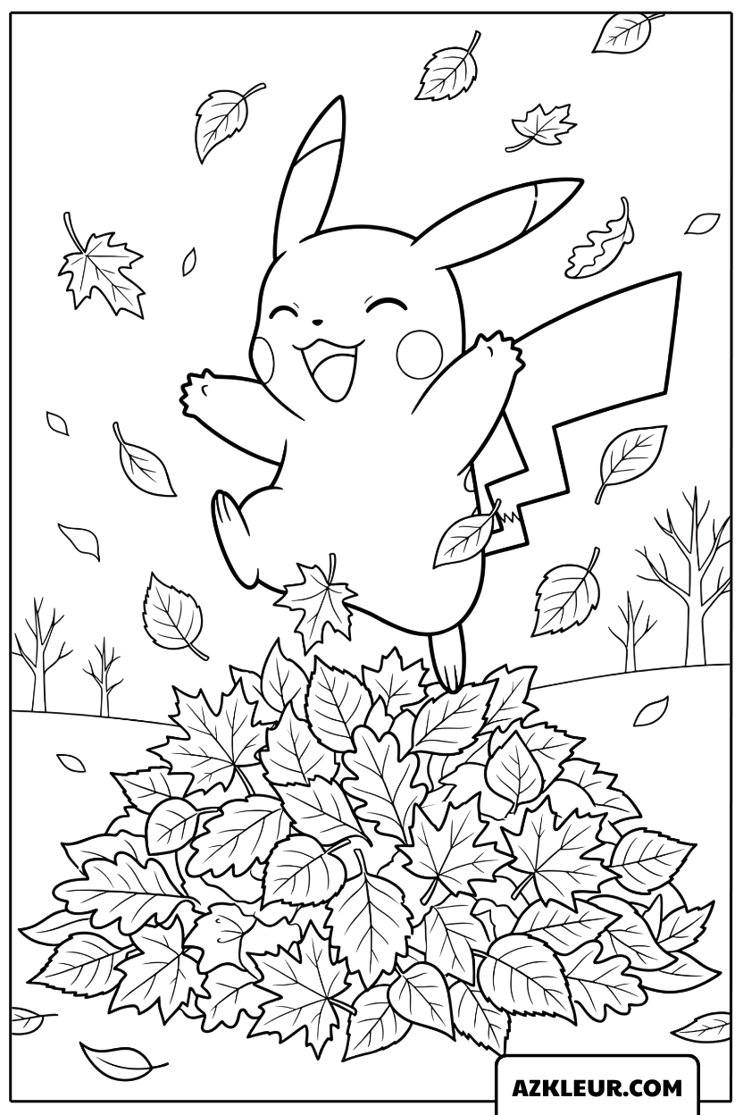 Pikachu Springt in Bladeren Kleurplaat