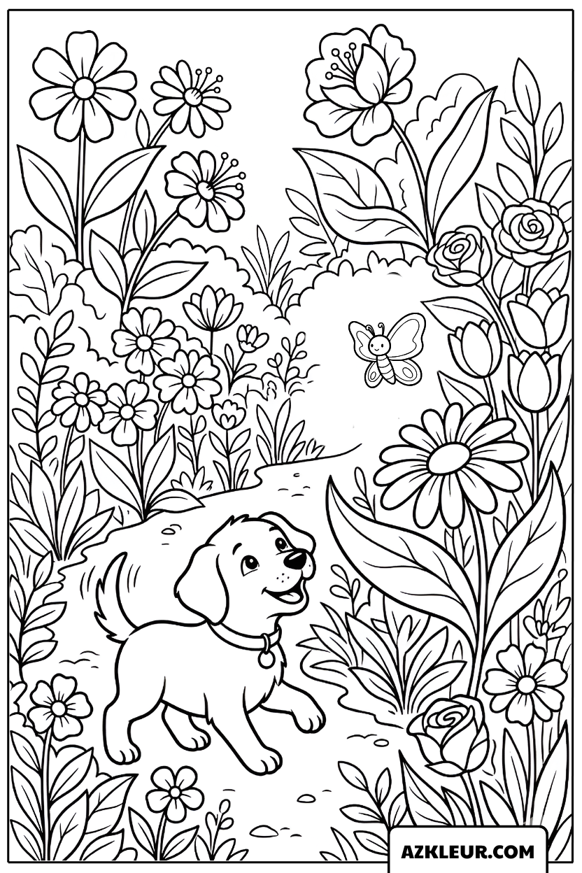 Puppy in de Bloementuin Kleurplaat