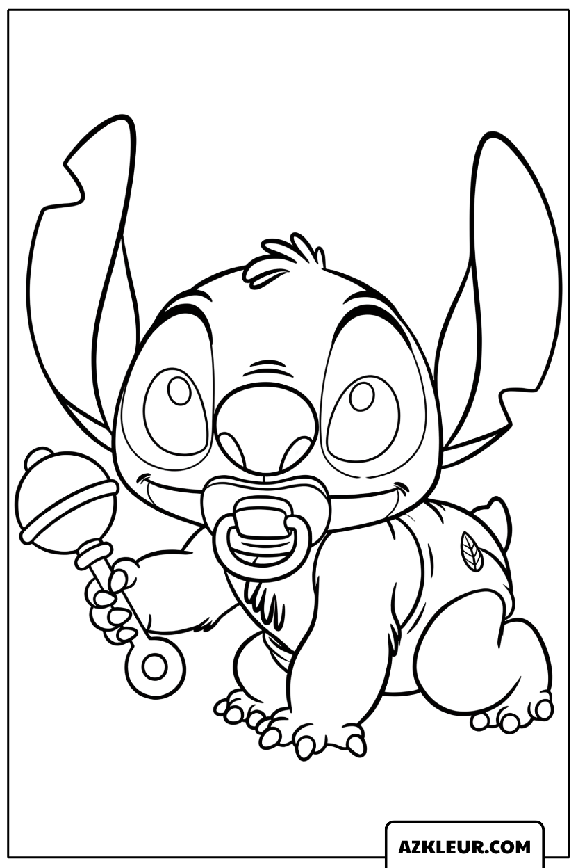 Kleurplaat Baby Stitch met een babyfles
