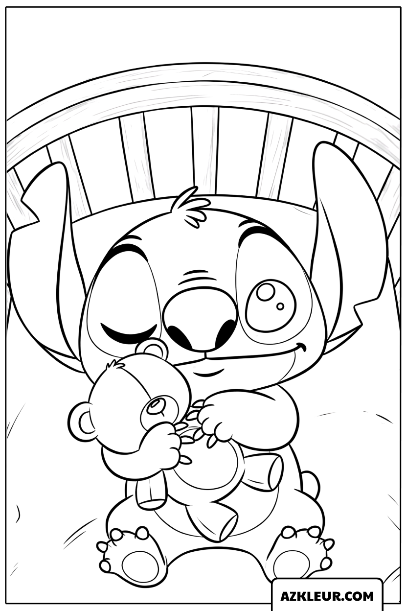 Kleurplaat Baby Stitch in een deken