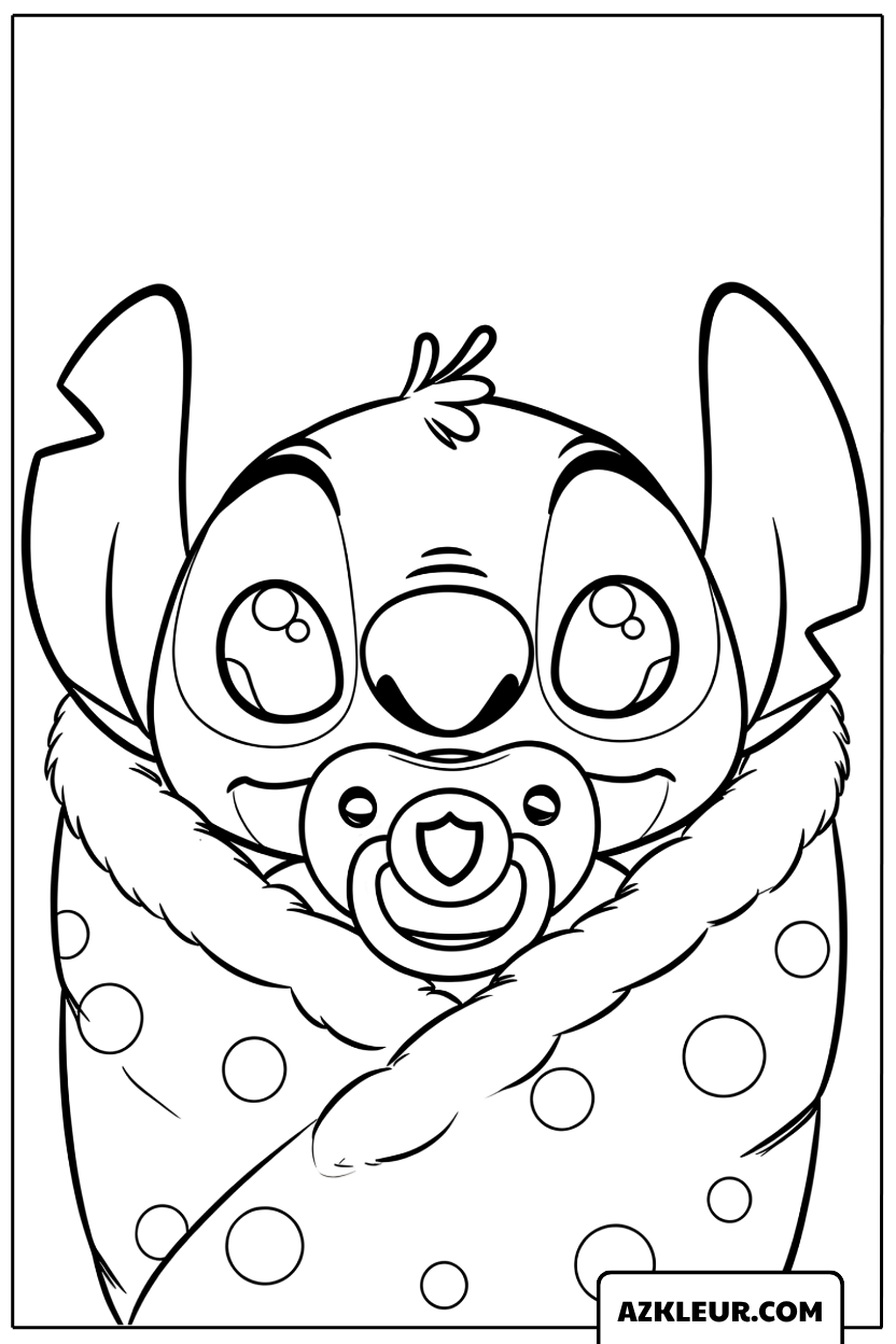 Kleurplaat Baby Stitch in bed