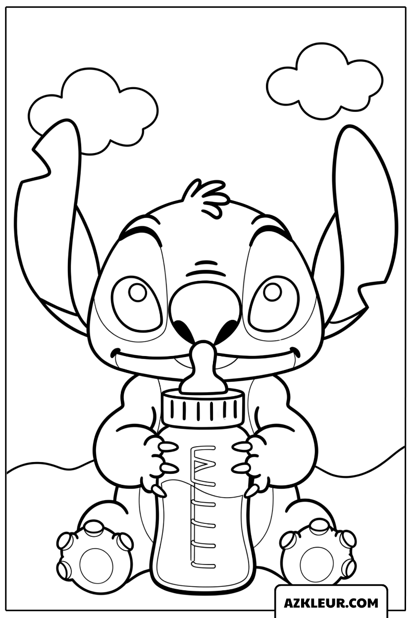 Kleurplaat Baby Stitch met een rammelaar