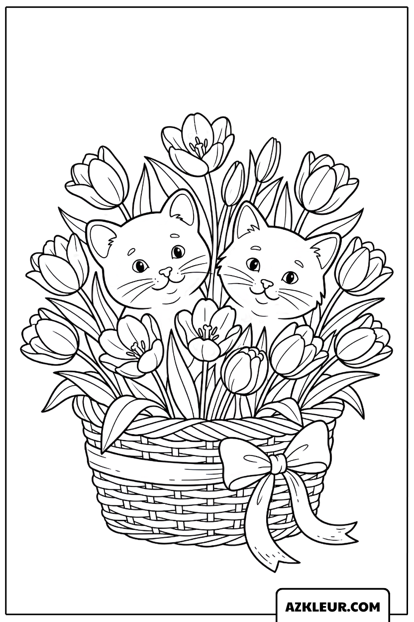 Twee Kittens in een Mandje Kleurplaat