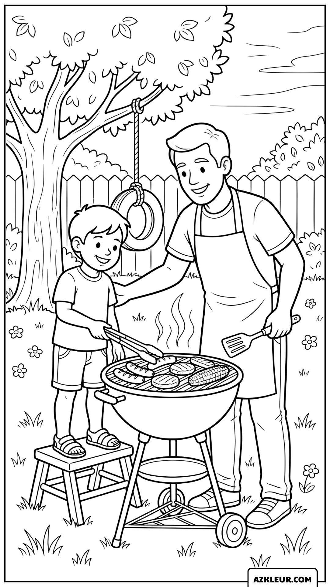 Vader en zoon barbecueën samen Kleurplaat