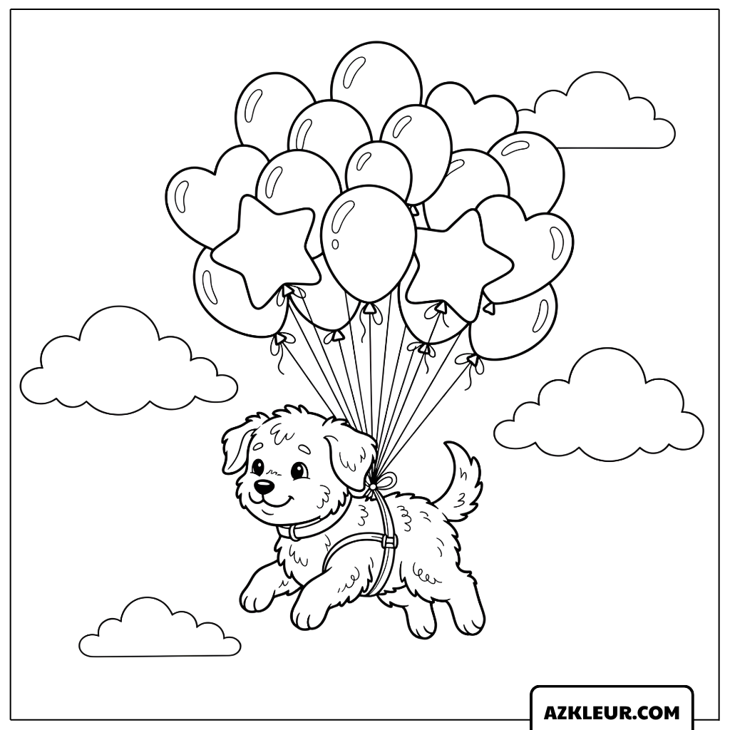 Vliegende Puppy met Ballonnen Kleurplaat