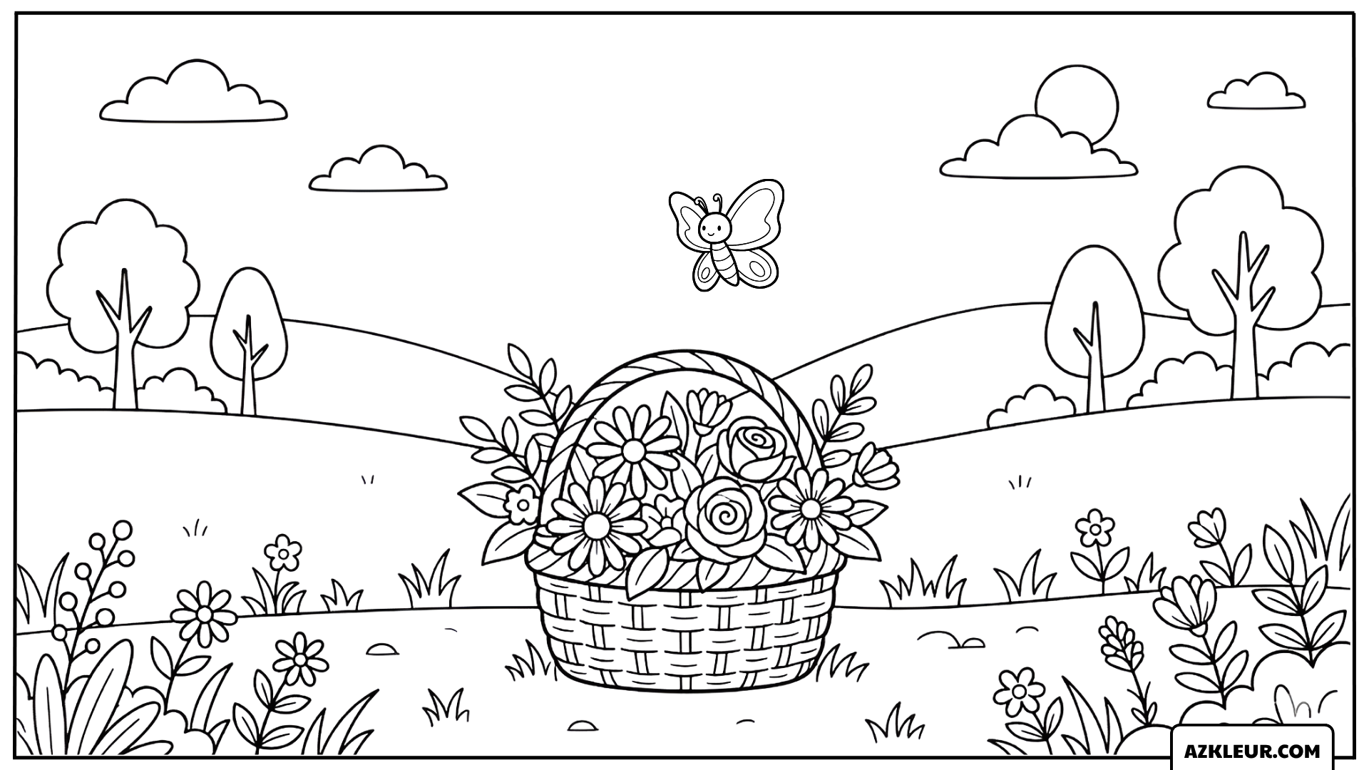 Vlinder bij de Bloemenmand Kleurplaat