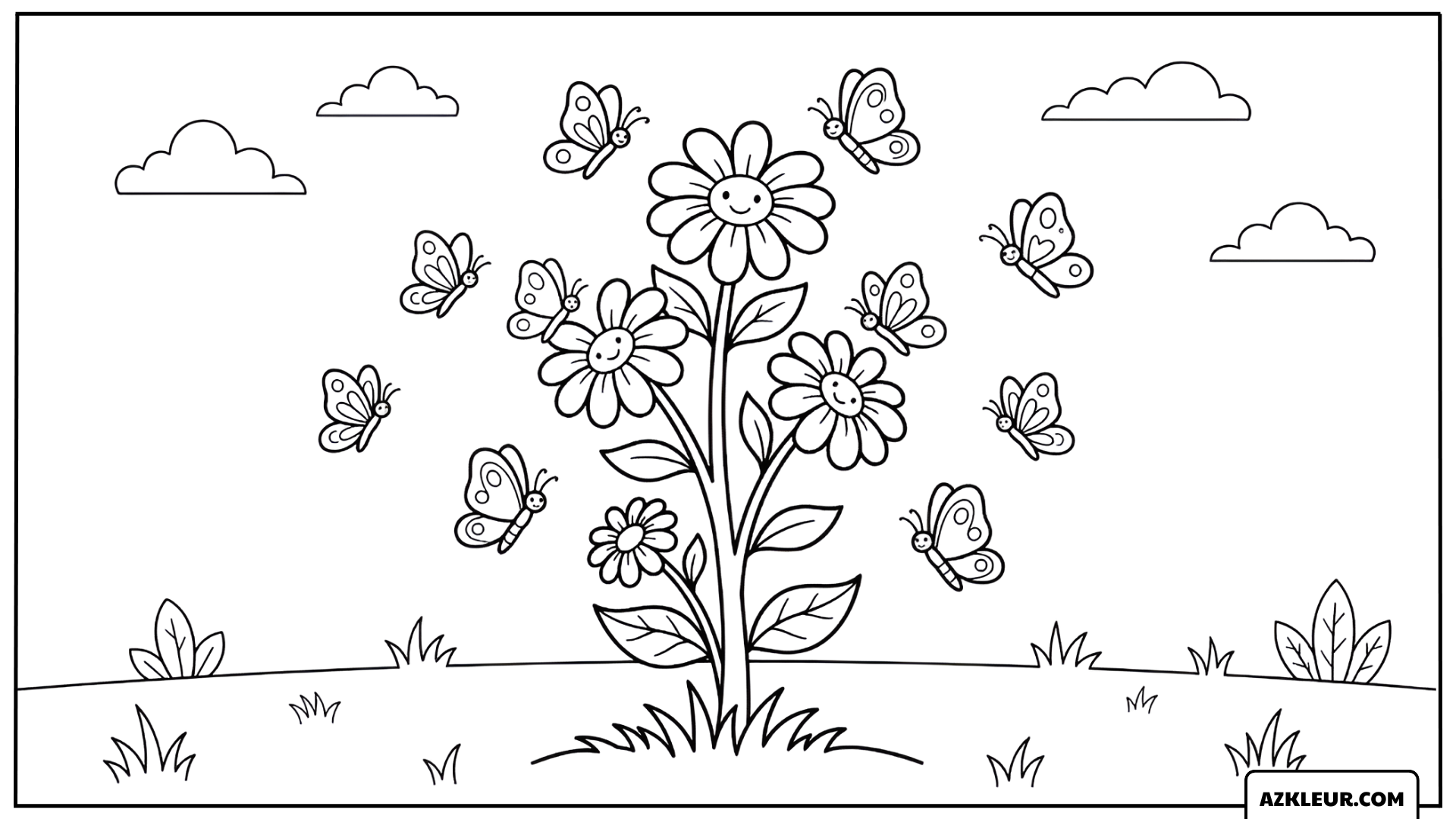 Vlinderdans rond de Glimlachende Bloem Kleurplaat
