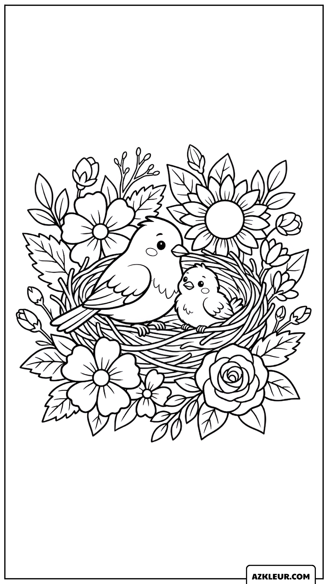 Vogelnestje vol Bloemen Kleurplaat