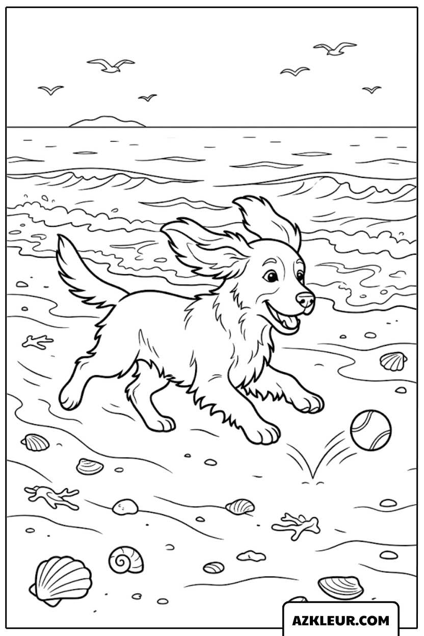 Kleurplaat blije hond op het strand