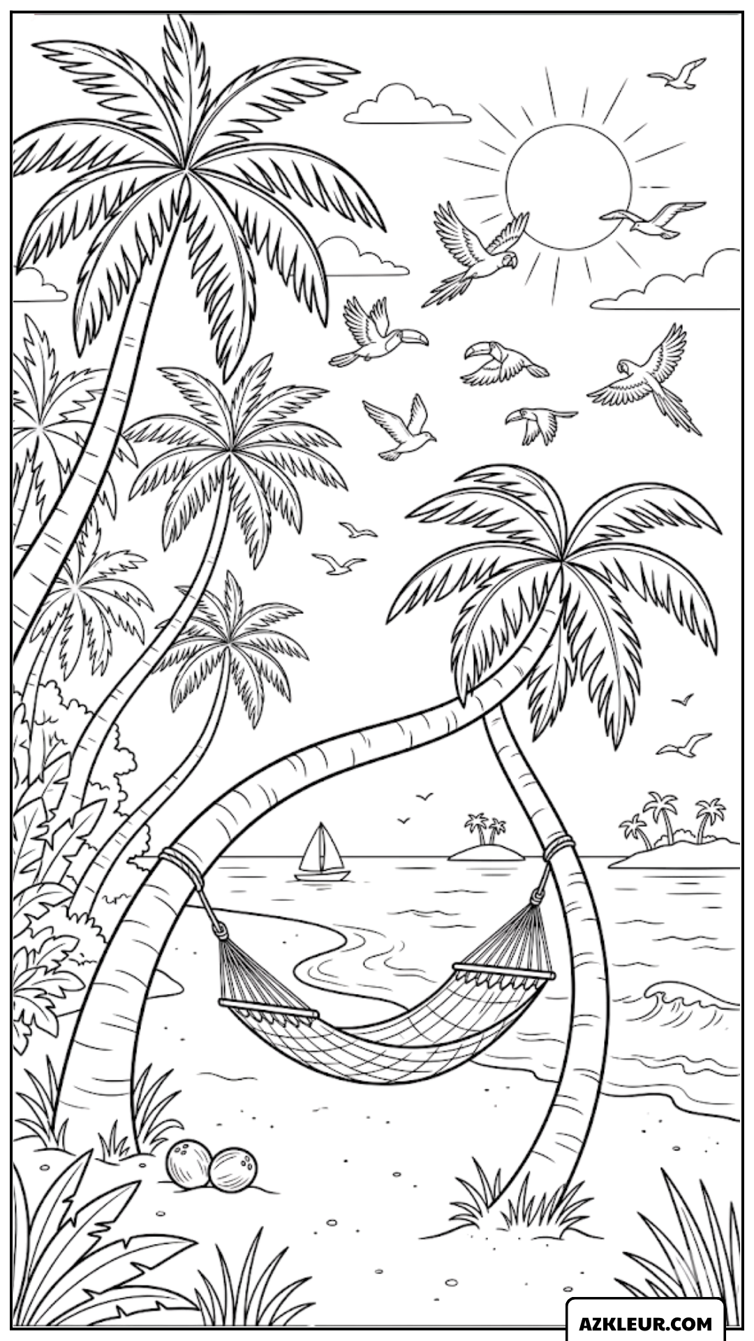 Kleurplaat hangmat tussen de palmbomen