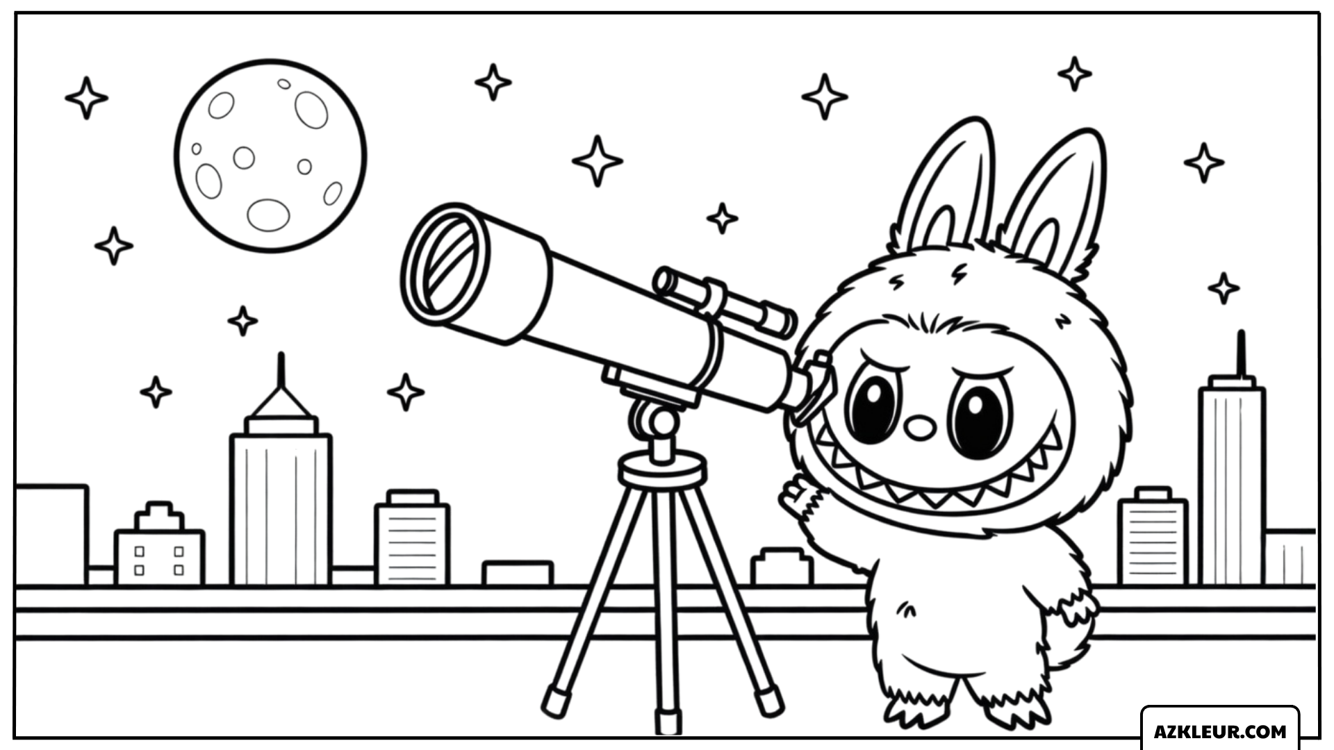 Kleurplaat Labubu met de maan boven de stad