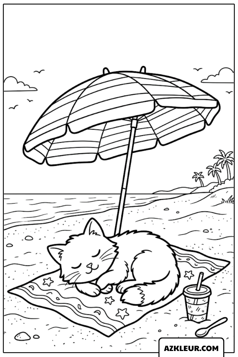 Kleurplaat slapende kat onder de parasol