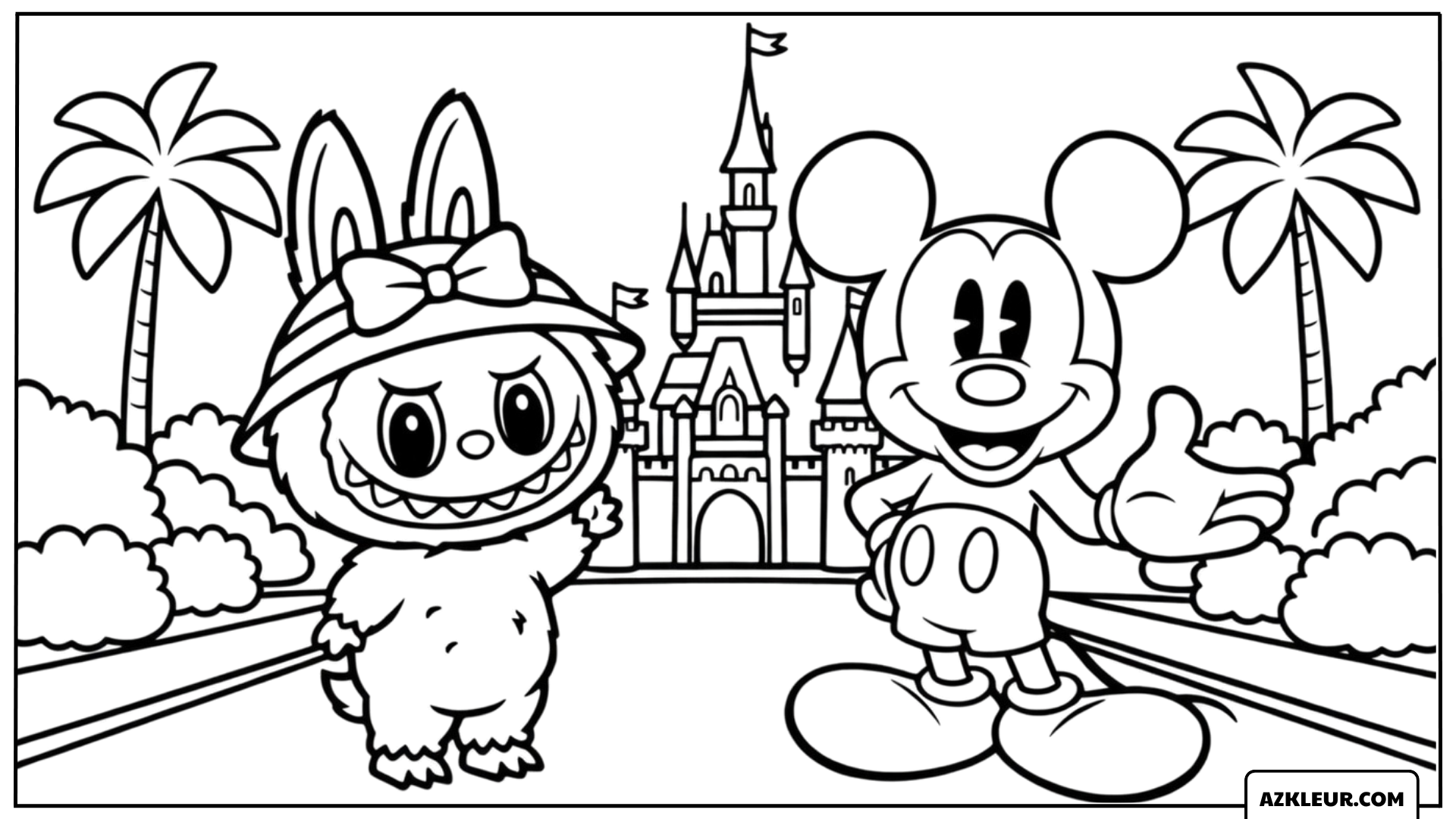 Kleurplaat van Labubu bij het Disney-kasteel