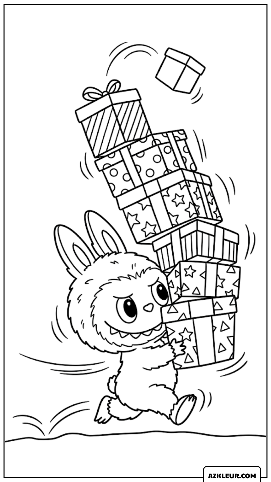 Kleurplaat van Labubu die cadeaus balanceert