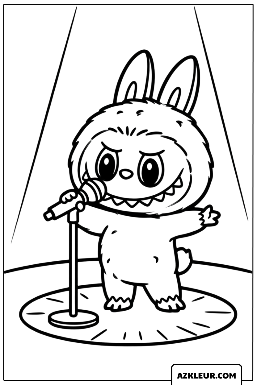 Kleurplaat van Labubu die op het podium zingt