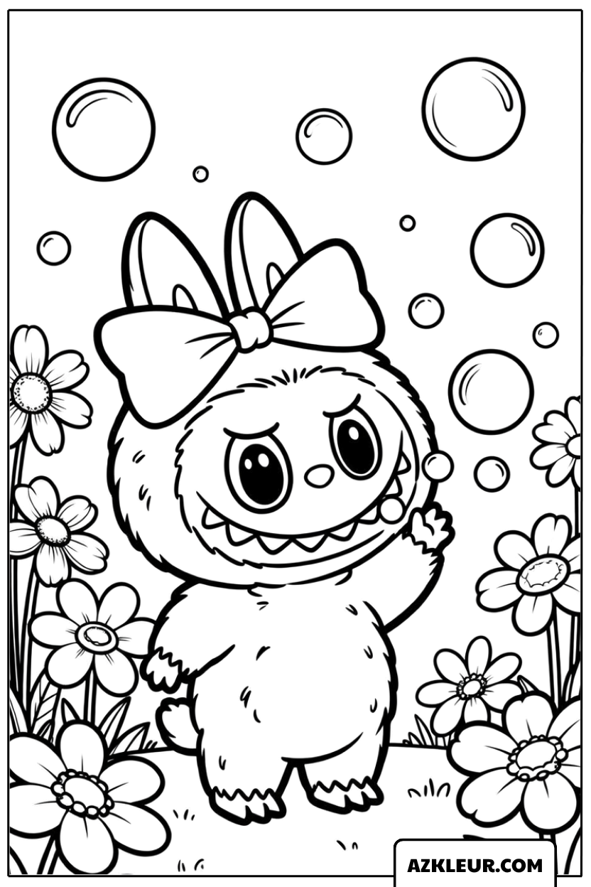 Kleurplaat van Labubu met bloemen en bellen