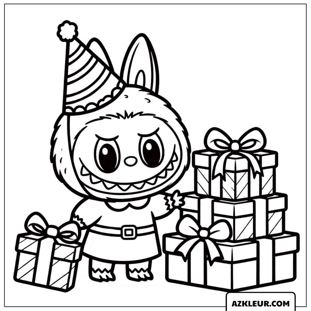 Kleurplaat van Labubu met een stapel cadeaus