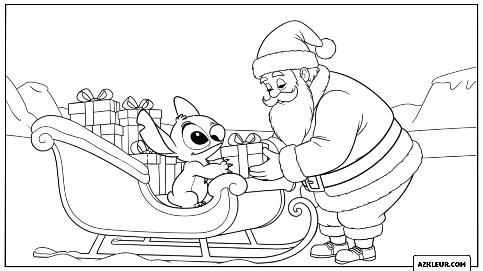 Kleurplaat van Stitch bij de Kerstman op de slee