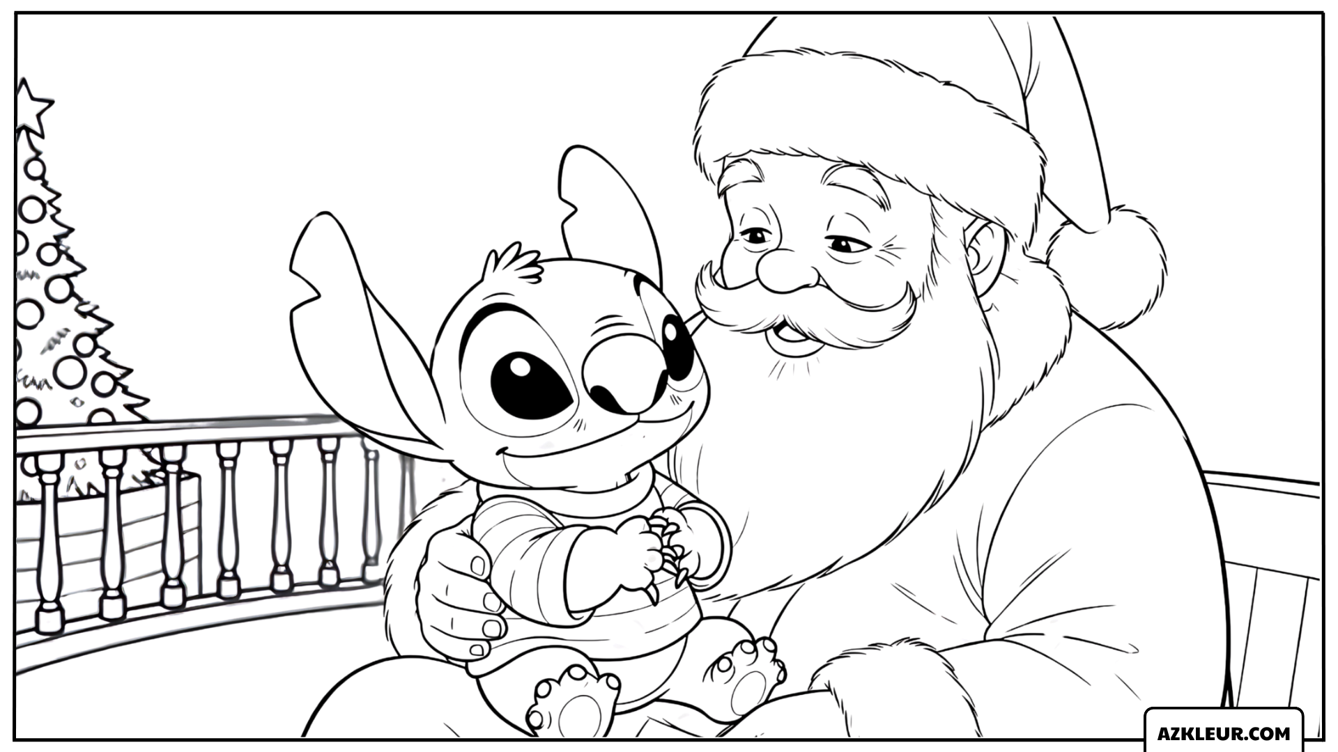 Kleurplaat van Stitch die de Kerstman knuffelt