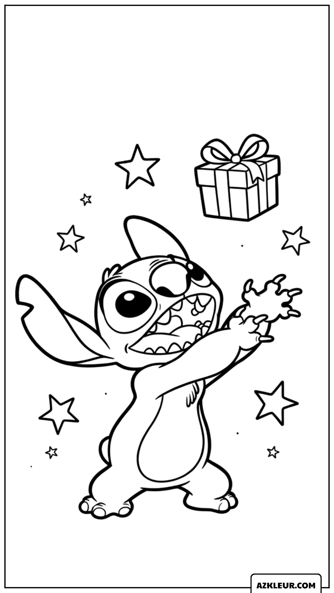 Kleurplaat van Stitch die een cadeau vangt