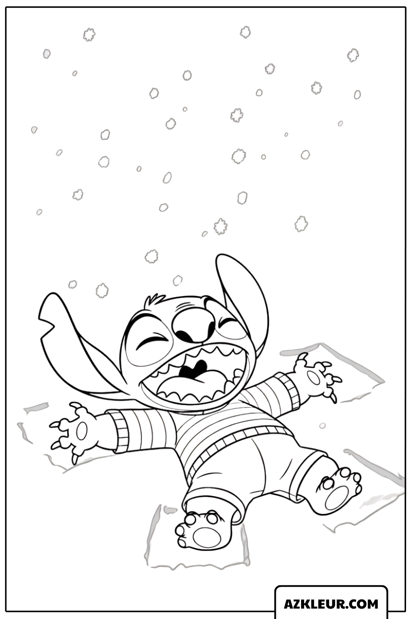 Kleurplaat van Stitch die een sneeuwengel maakt