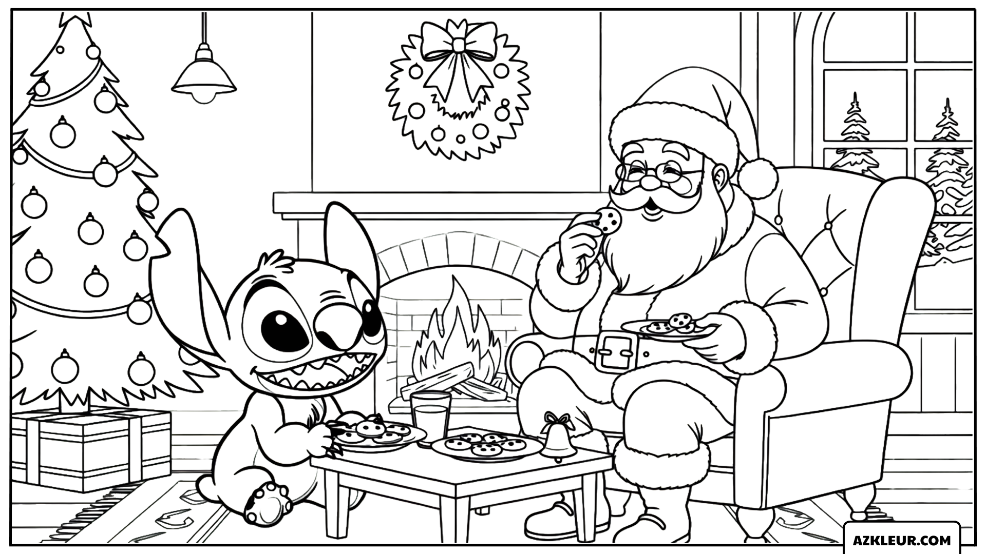 Kleurplaat van Stitch die koekjes eet met de Kerstman