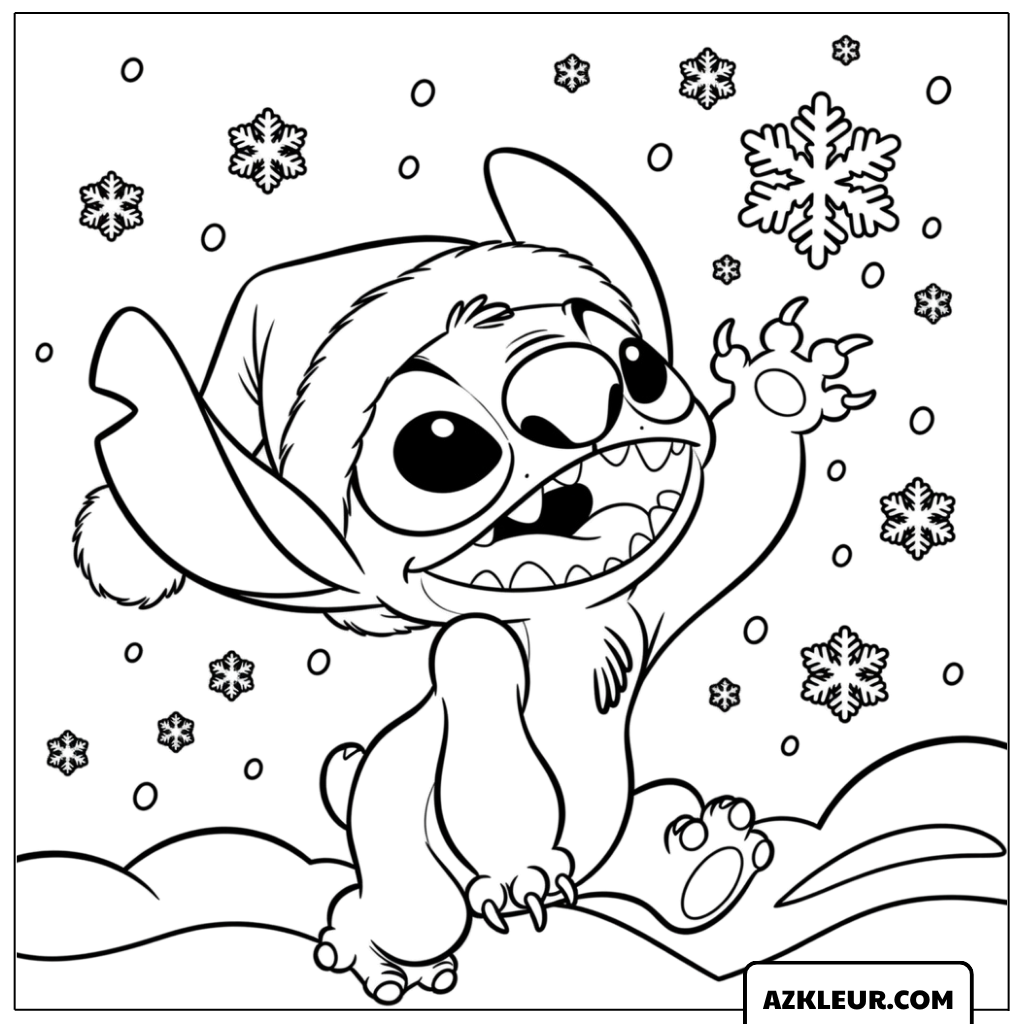 Kleurplaat van Stitch die naar sneeuwvlokken zwaait
