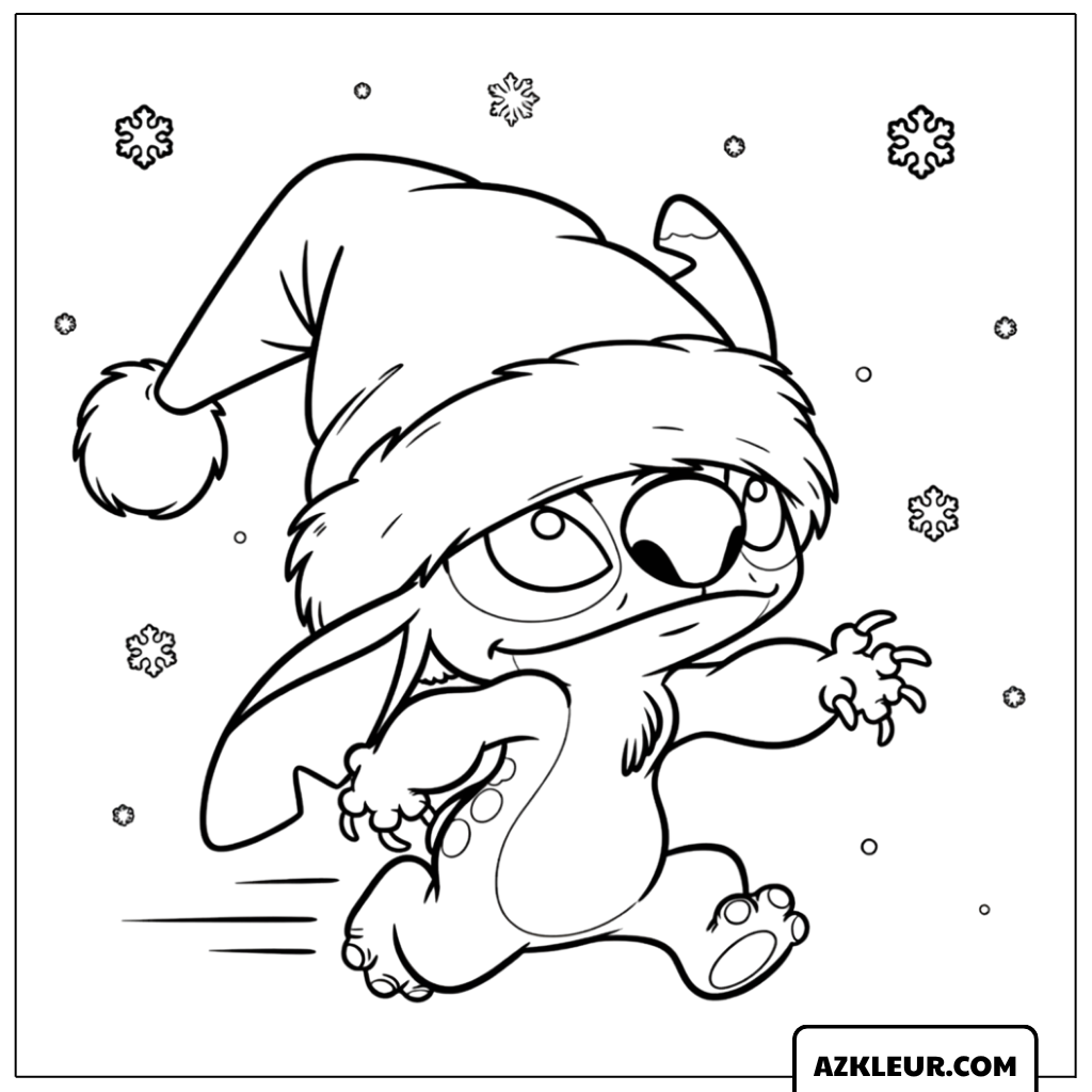 Kleurplaat van Stitch die rent met een kerstmuts