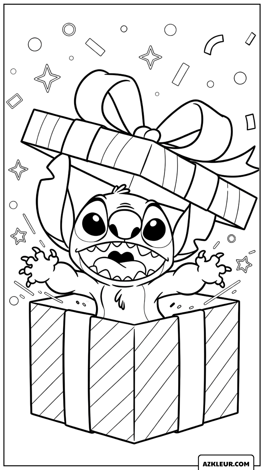 Kleurplaat van Stitch die uit een cadeau doos springt