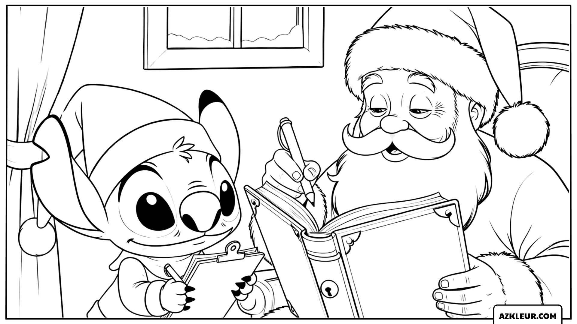 Kleurplaat van Stitch en de Kerstman die een boek lezen