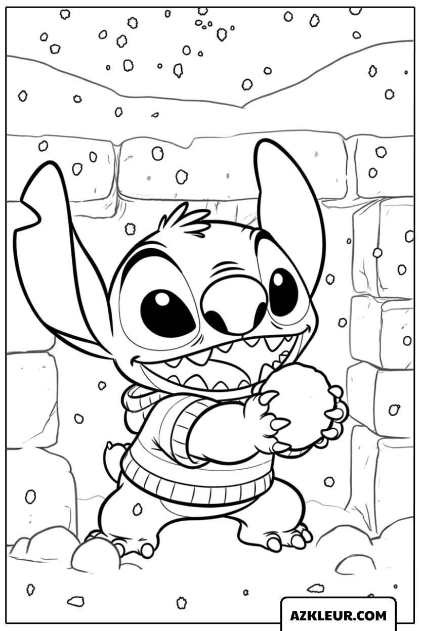 Kleurplaat van Stitch met een sneeuwbal