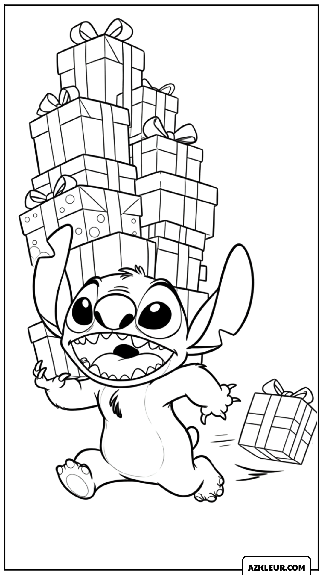 Kleurplaat van Stitch met een stapel cadeaus