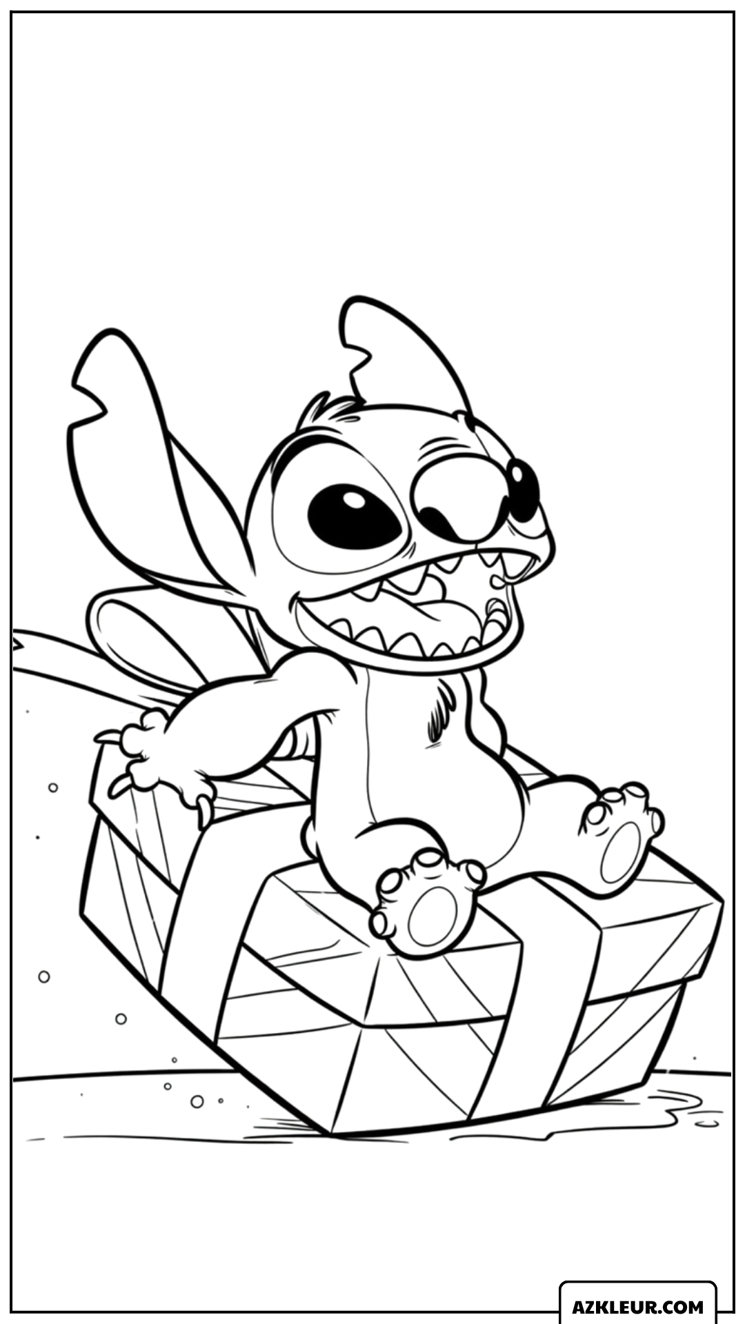 Kleurplaat van Stitch zittend op een groot cadeau
