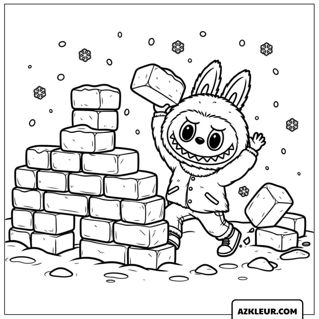 Labubu bouwt een sneeuwmuur kleurplaat