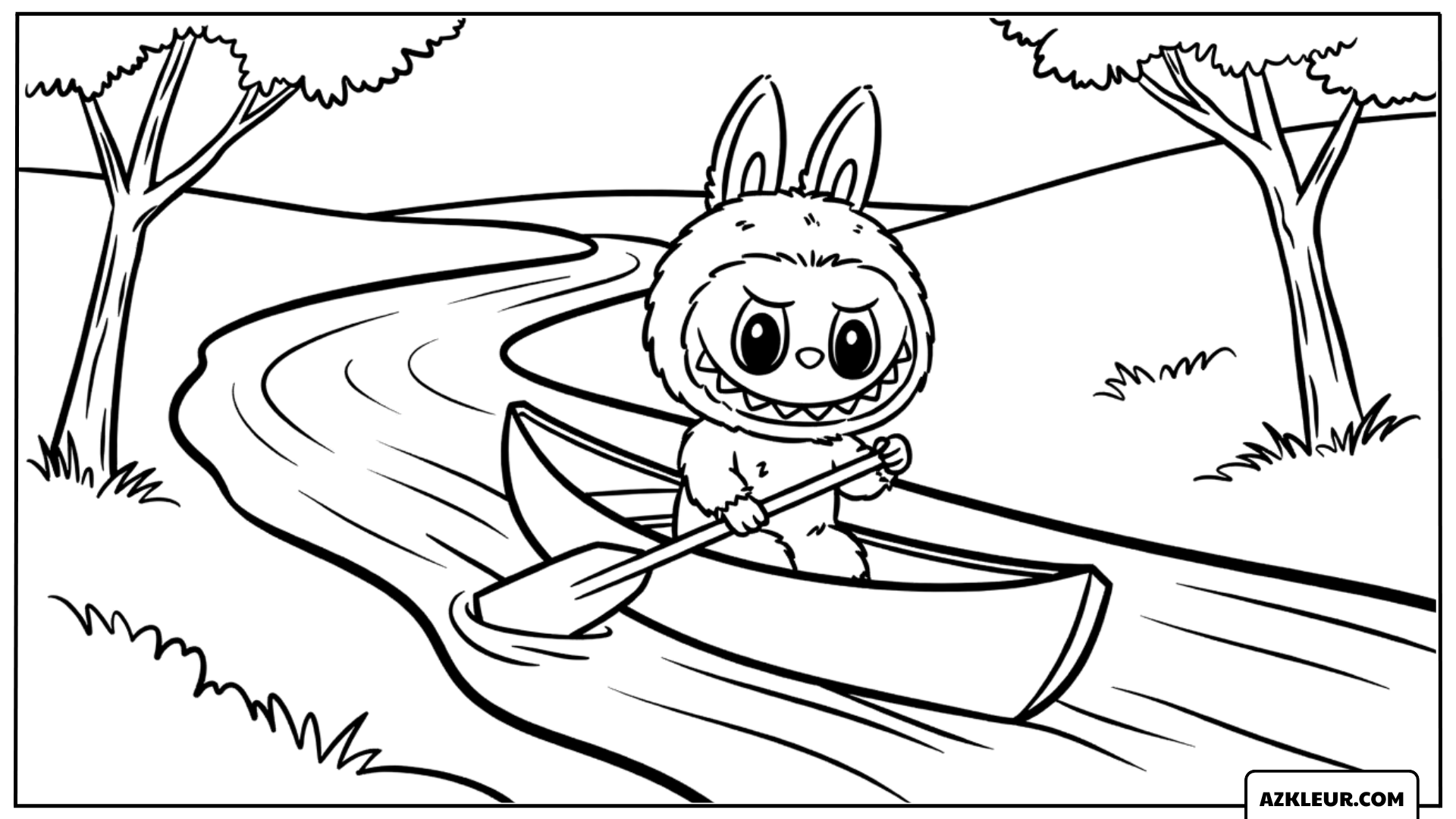 Labubu in een kano op de rivier kleurplaat