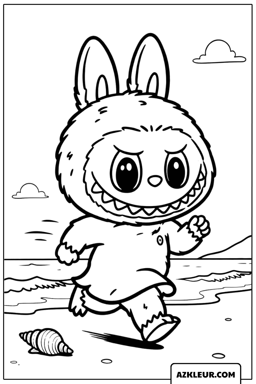 Labubu wandelt op het strand kleurplaat
