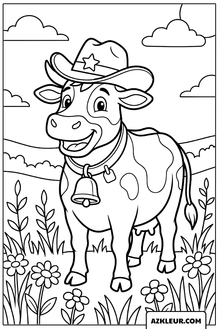Koe als cowboy kleurplaat