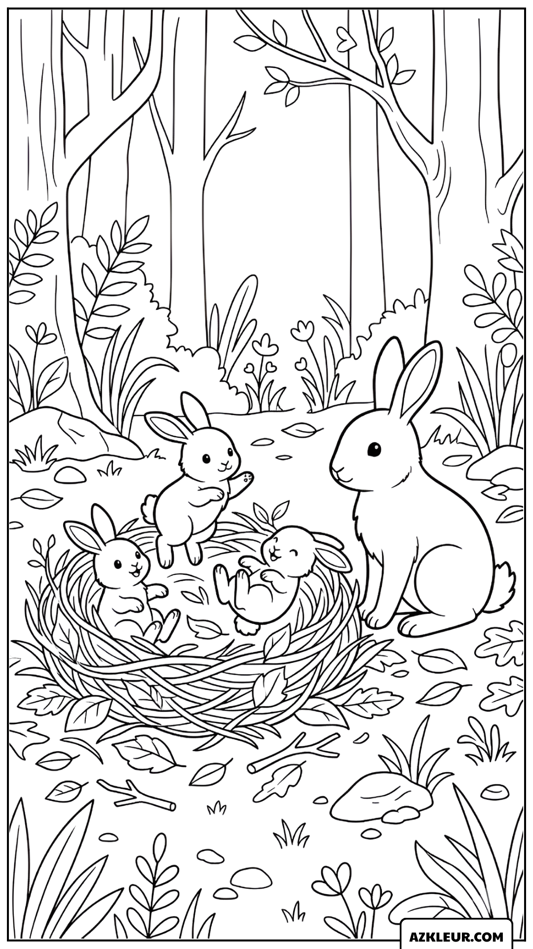 Konijnenfamilie in het nest kleurplaat